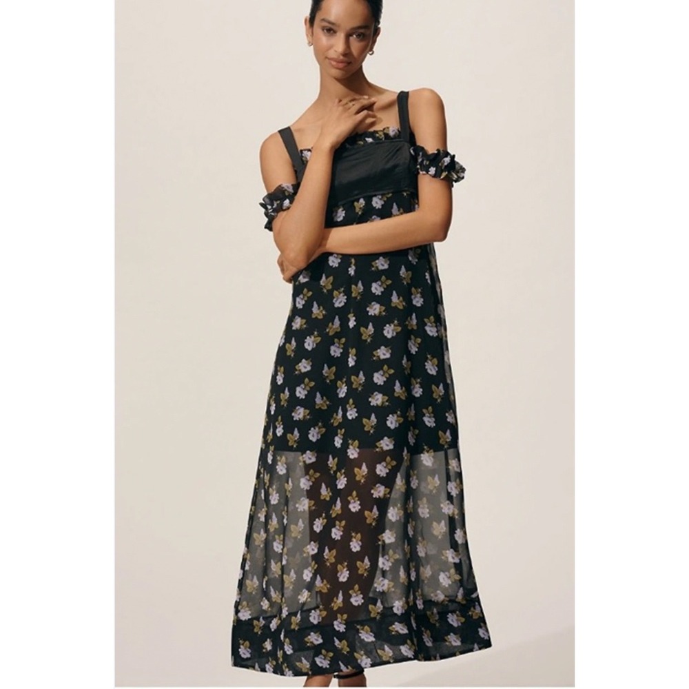 Maeve Anthropologie Black Floral Corset Cold Shoulder Midi Dress Size S NWT